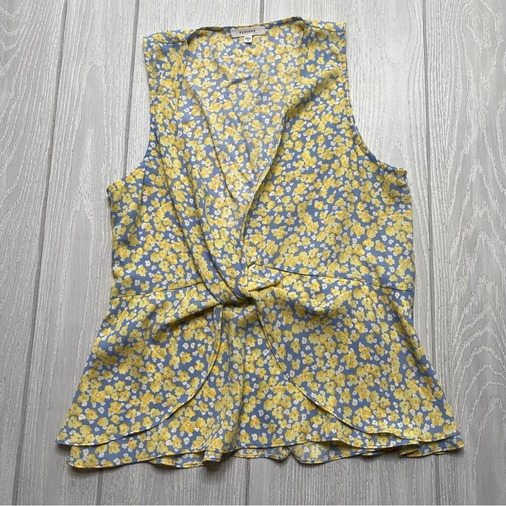 Pleione Blue & Yellow Sleeveless Ditsy Floral Blouse Size XS X-Small